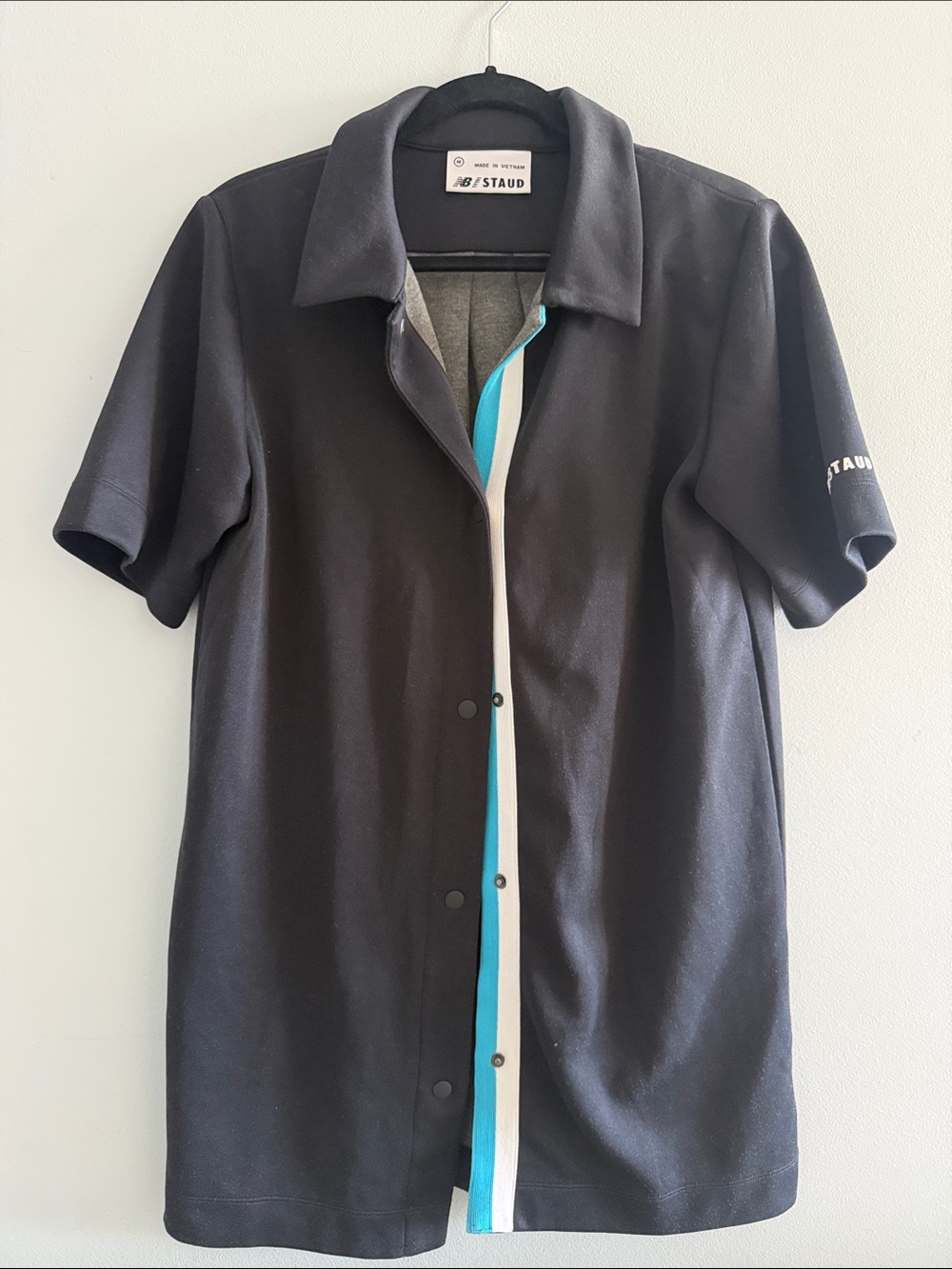 New Balance x STAUD Black Short-Sleeve Button-Front Shirt with White & Teal Trim